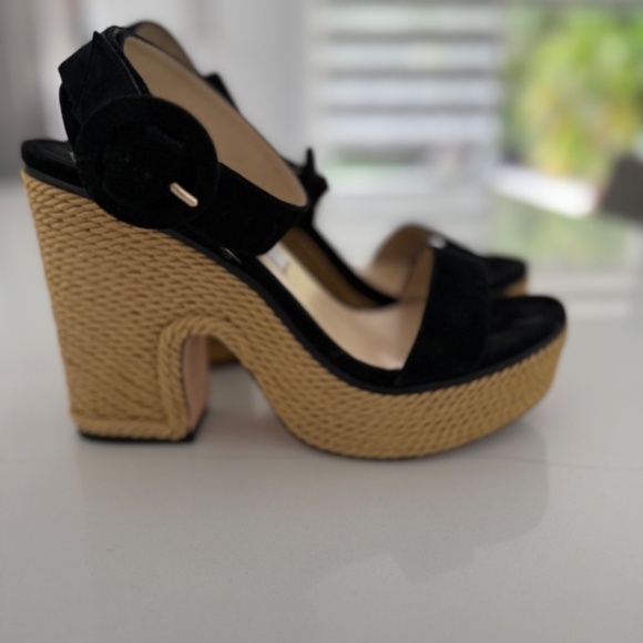 Jimmy Choo Brandon 100 Black Wedge Platform Sandals Wrap Around Ankle Strap - Picture 5 of 11